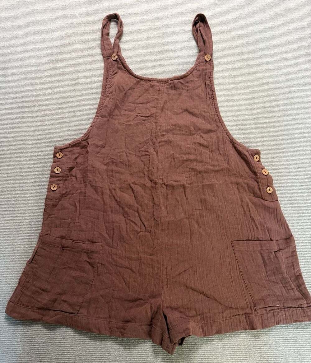 Salty Lemon Cotton Gauze Shortalls Romper in Brown  L
